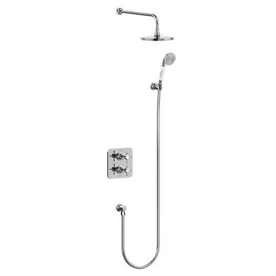 Burlington Guild Square Thermostatic Two Outlet Concealed Divertor Shower Valve Fixed Shower Arm & Head, Holder & Handset With Hose And Outlet Elbow Chrome detail view - Image 1