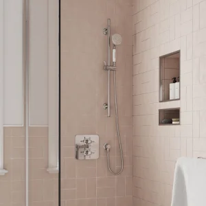 Burlington Guild Square Thermostatic Two Outlet Concealed Divertor Shower Valve Fixed Shower Arm & Head, Rail, Hose, Handset And Outlet Elbow Brushed Nickel