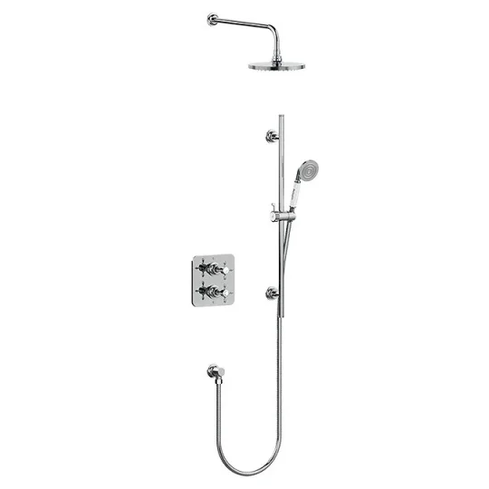 Burlington Guild Square Thermostatic Two Outlet Concealed Divertor Shower Valve Fixed Shower Arm & Head, Rail, Hose, Handset And Outlet Elbow Brushed Nickel detail view - Image 6