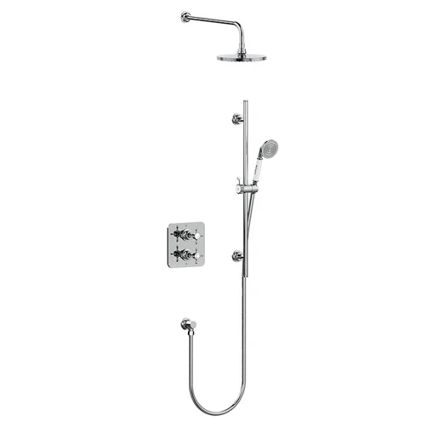 Burlington Guild Square Thermostatic Two Outlet Concealed Divertor Shower Valve Fixed Shower Arm & Head, Rail, Hose, Handset And Outlet Elbow Chrome