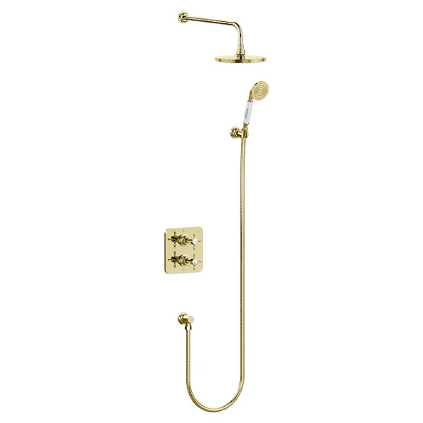 Burlington Guild Square Thermostatic Two Outlet Concealed Divertor Shower Valve Fixed Shower Arm & Head Holder & Handset With Hose And Outlet Elbow Gold