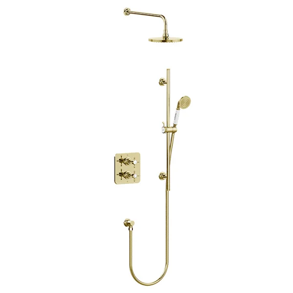 Burlington Guild Square Thermostatic Two Outlet Concealed Divertor Shower Valve Fixed Shower Arm & Head Rail Hose Handset And Outlet Elbow Gold