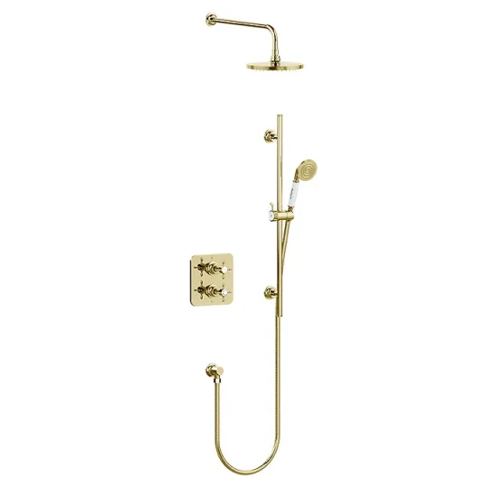 Burlington Guild Square Thermostatic Two Outlet Concealed Divertor Shower Valve Fixed Shower Arm & Head Rail Hose Handset And Outlet Elbow Gold detail view - Image 1