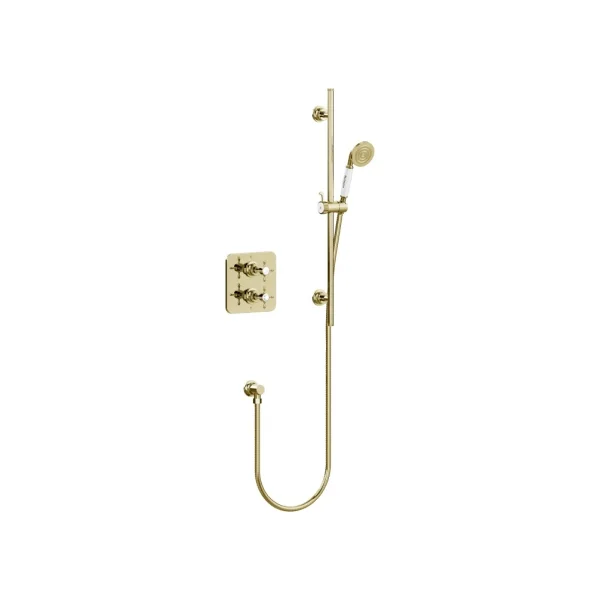 Burlington Guild Square Thermostatic Single Outlet Concealed Shower Valve With Rail Hose Handset And Outlet Elbow Gold