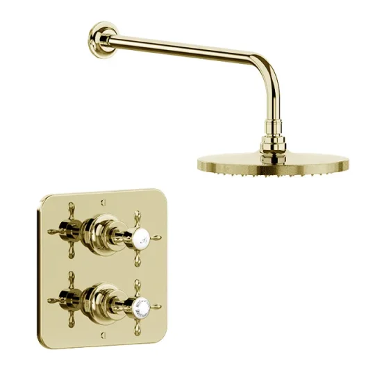 Burlington Guild Square Thermostatic Single Outlet Concealed Shower Valve With Fixed Shower Arm And Head Gold detail view - Image 1