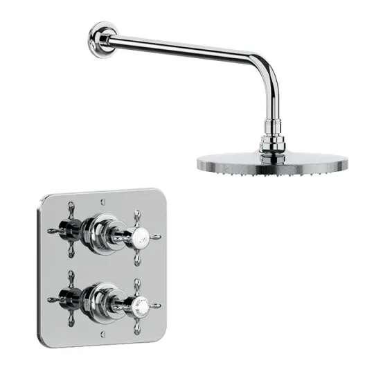 Burlington Guild Square Thermostatic Single Outlet Concealed Shower Valve With Fixed Shower Arm And Head Chrome detail view - Image 1