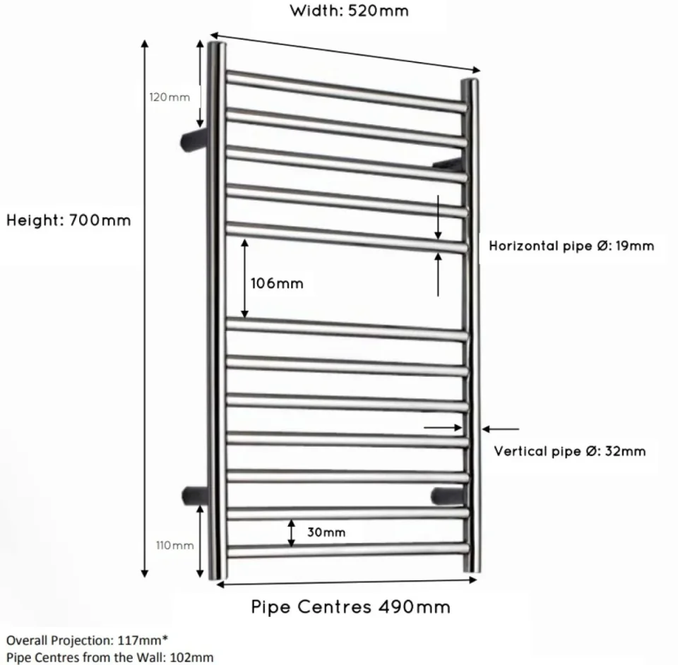 Jis Ouse 520 700 X 520mm Radiator For Cylindrical Electric Only Heating Satin Stainless Steel - Image 3