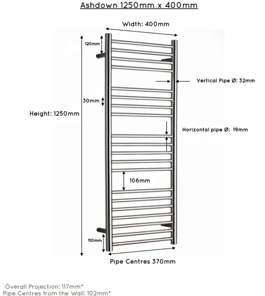 Jis Ashdown 400 1250 X 400mm Radiator For Cylindrical Electric Only Heating Polished Stainless Steel - Image 2