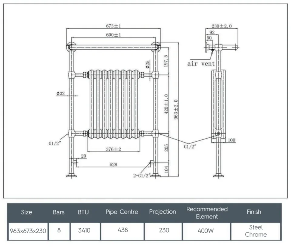 Just Taps Grosvenor Radiator 963 X 673 X 230 Chrome & White - Image 2