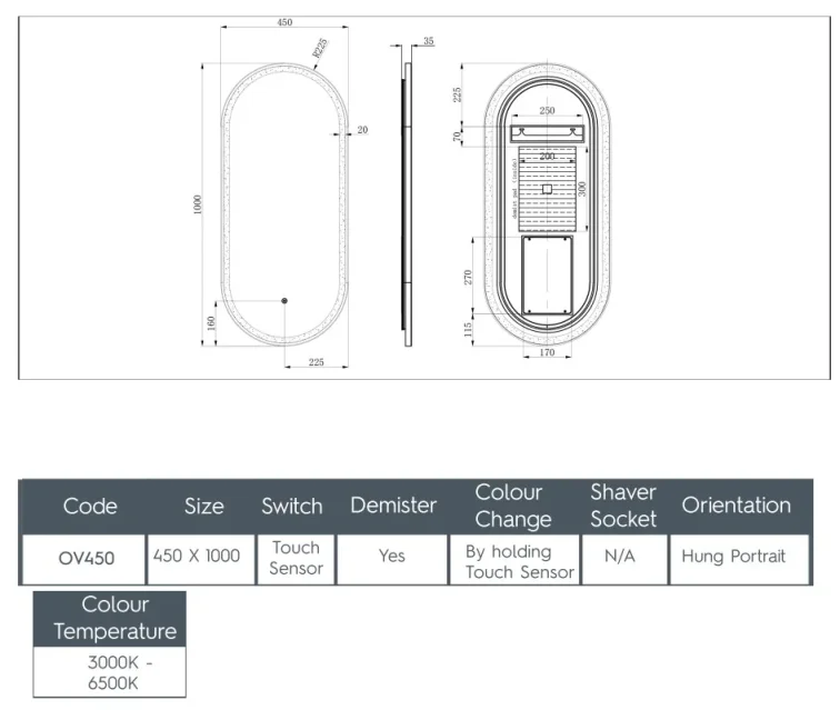 Just Taps Oval Mirror 450 With Light technical drawing - Image 4
