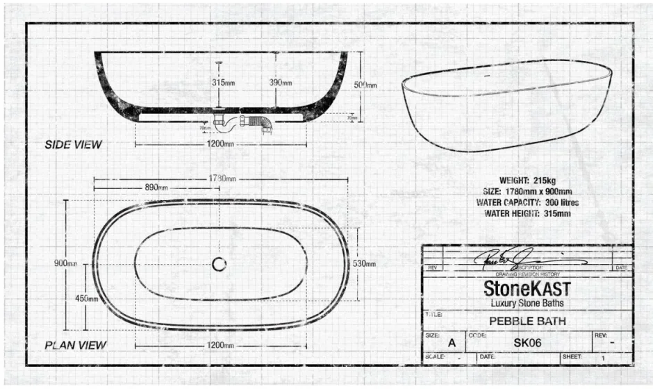 StoneKAST Pebble Freestanding Bath 1800 x 900mm Matt White (Waste Included) product image - Image 3