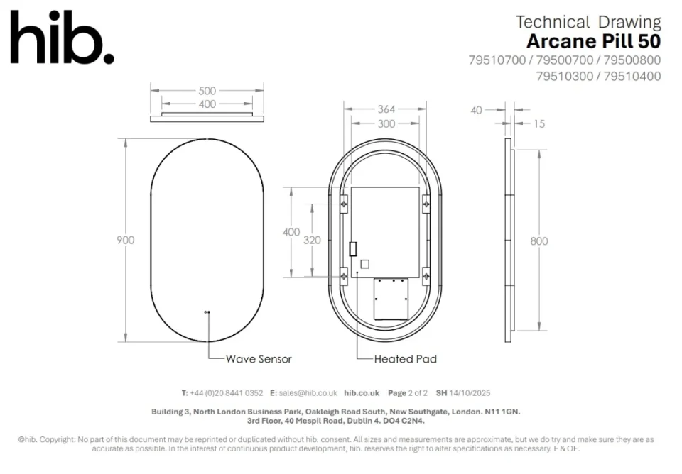 Hib Arcane Pill 50 Mirrors Black H90 X W50 X D4cm technical drawing - Image 3
