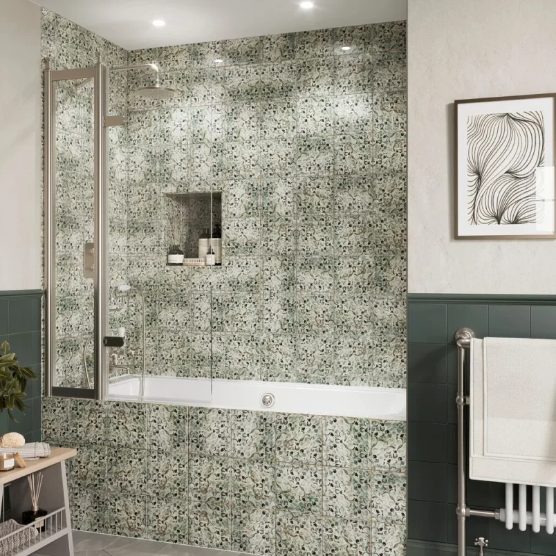 Burlington Classique Hinged Inline Bath Screen 850 Brushed Nickel detail view - Image 1