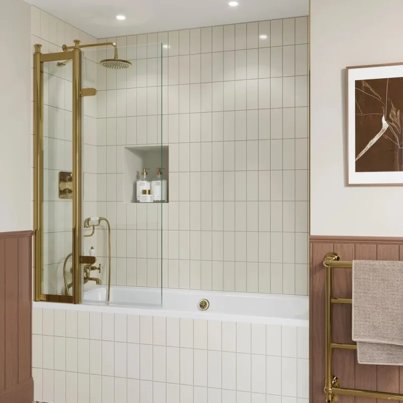 Burlington Classique Hinged Inline Bath Screen 850 Gold detail view - Image 2