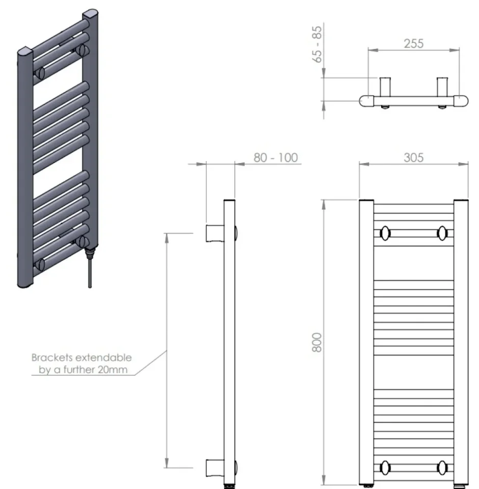 Vogue Modern 1 - Towel Warmer Heating Only - RAL 9005 Finish 800mmx300mmx93mm - Image 2