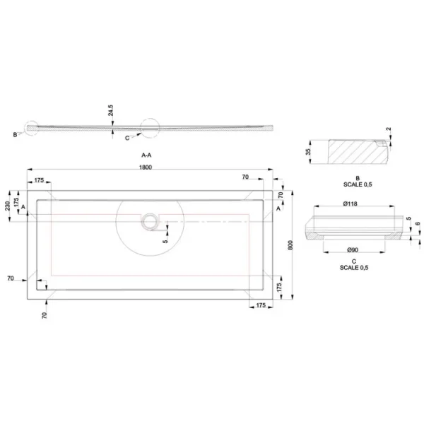 Britton Rectangular Shower Tray 800 X 1800mm Anti Slip detail view - Image 2