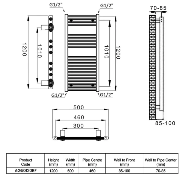 Reina Diva 500 X 1200 Towel Radiator Black Flat detail view - Image 2