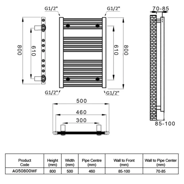 Reina Diva 500 X 800 Towel Radiator White Flat detail view - Image 2