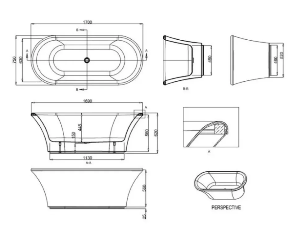 Burlington Brindley Soak Tub 1700 X 750mm (incl. Feet) - Image 2