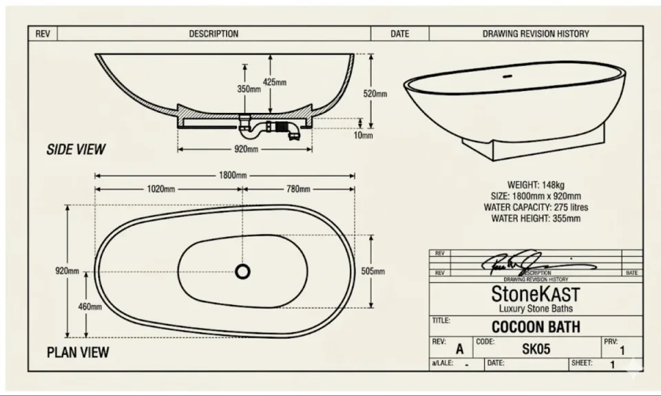 StoneKAST Cocoon Single Ended Freestanding Bath 1800 x 950mm Matt White - Image 2