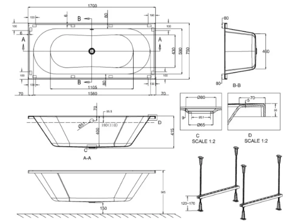 Britton Verde 1700 X 750mm Double Ended Bath - Image 3