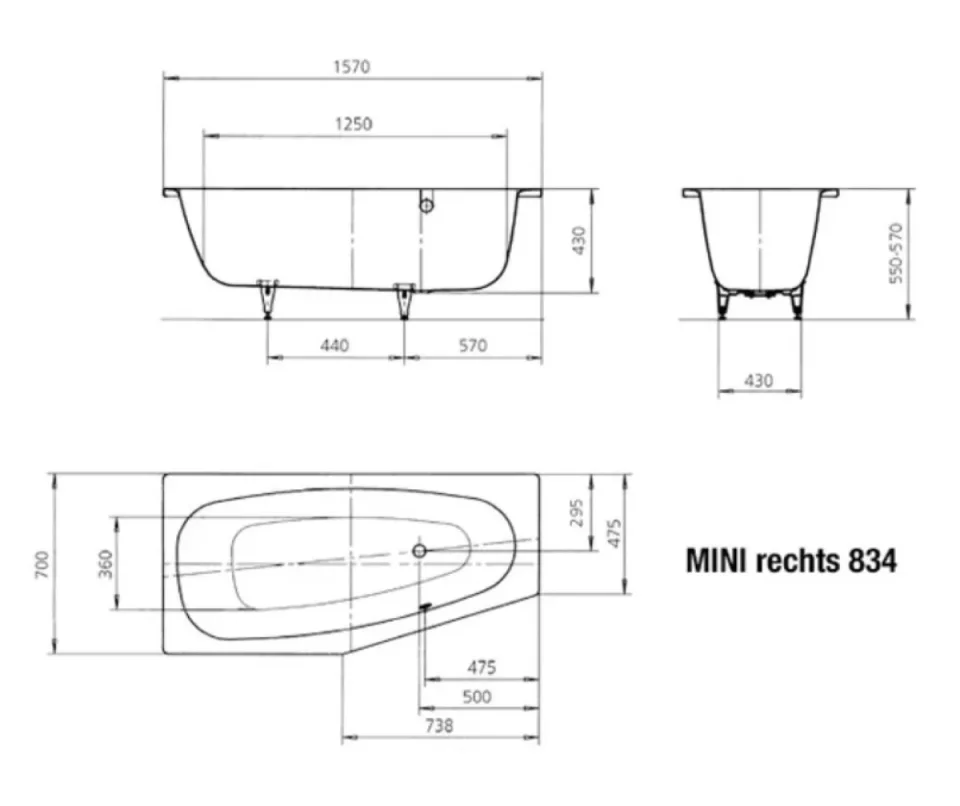 Kaldewei Mini Rechts Bathtub, 830 1570x750mm Alpine White, - Image 3