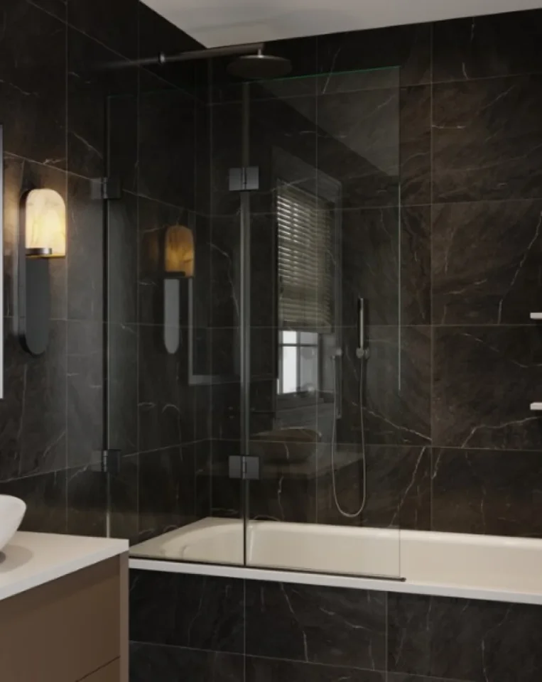 Showerlab VIEW 14.2 H SQUARE TOP TWO OUBLE HINGED BATH SCREEN 1011-1023x1500 Standard - Fixed sizes only Clear Glass , Left Hand , Open IN , Brushed Nickel - Image 1