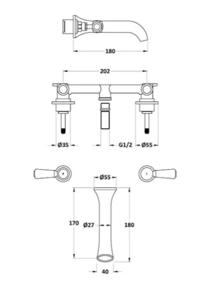 Bc Designs Victrion Lever 3th Wall Basin Filler Brushed Gold - Image 2