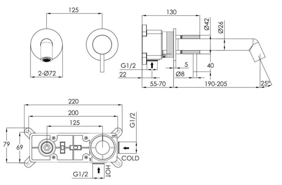 Just Taps Evo Wall Mounted Single Lever Basin Mixer Tap Brushed Brass - Image 2