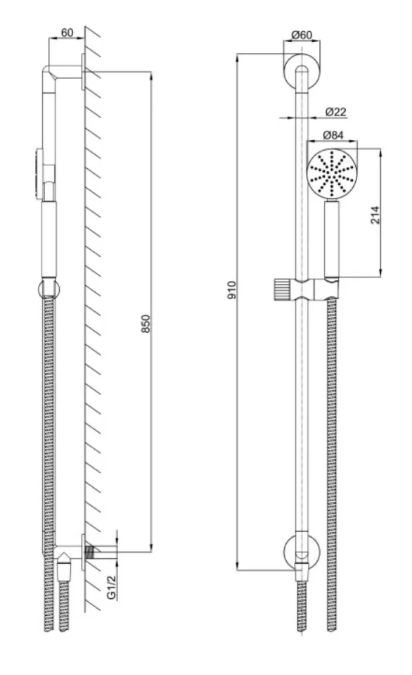 Just Taps Evo Slide Rail With Round Shower Handle And Hose - Image 2