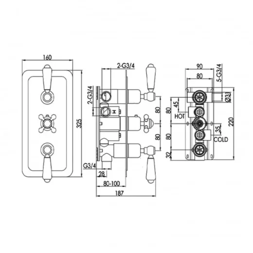 Just Taps Grosvenor Lever Concealed Thermostatic 3 Outlet Valve Vertical Chrome detail view - Image 3