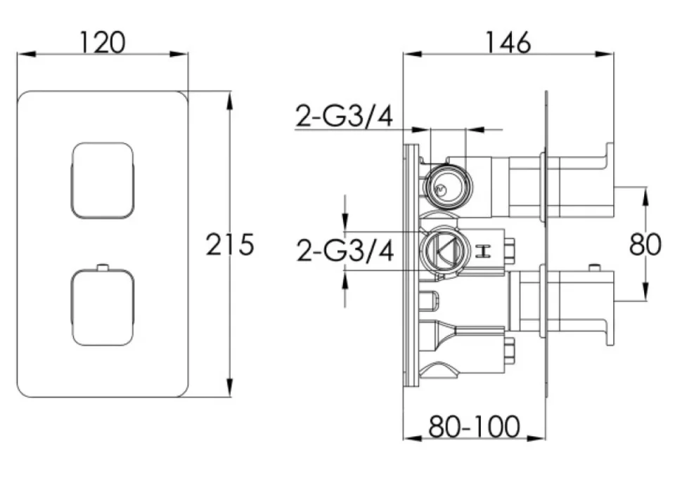 Just Taps Hix Thermostatic Shower Valve 2 Option Chrome detail view - Image 3