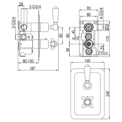 Just Taps Grosvenor Lever Thermo Concealed 2 Outlet Shower Valve Vertical Nickel detail view - Image 2