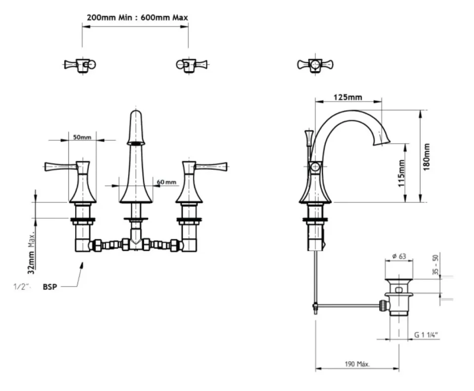 Cifial Brookhaven Cross 3 Hole Deck Mounted Basin Mixer Tap Set Chrome detail view - Image 3