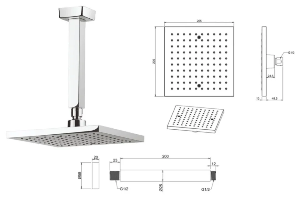 Crosswater Planet Square Fixed Head 250mm Chrome detail view - Image 5
