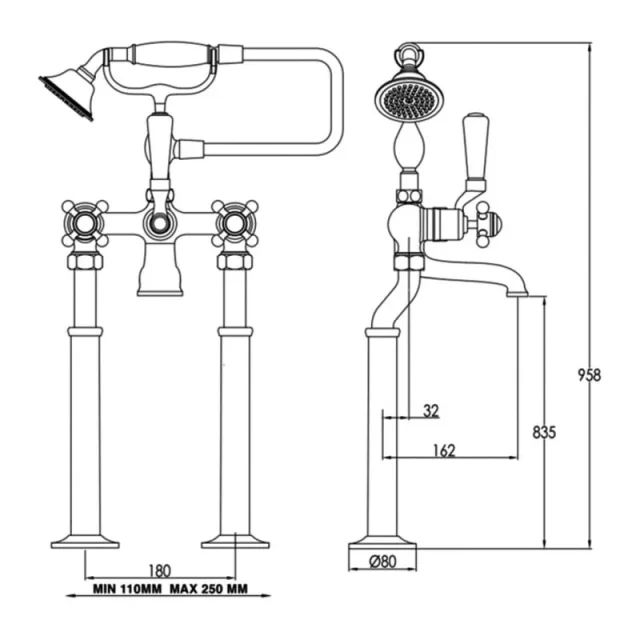 Just Taps Grosvenor Cross Freestanding Bath Shower Mixer With Kit Chrome detail view - Image 2