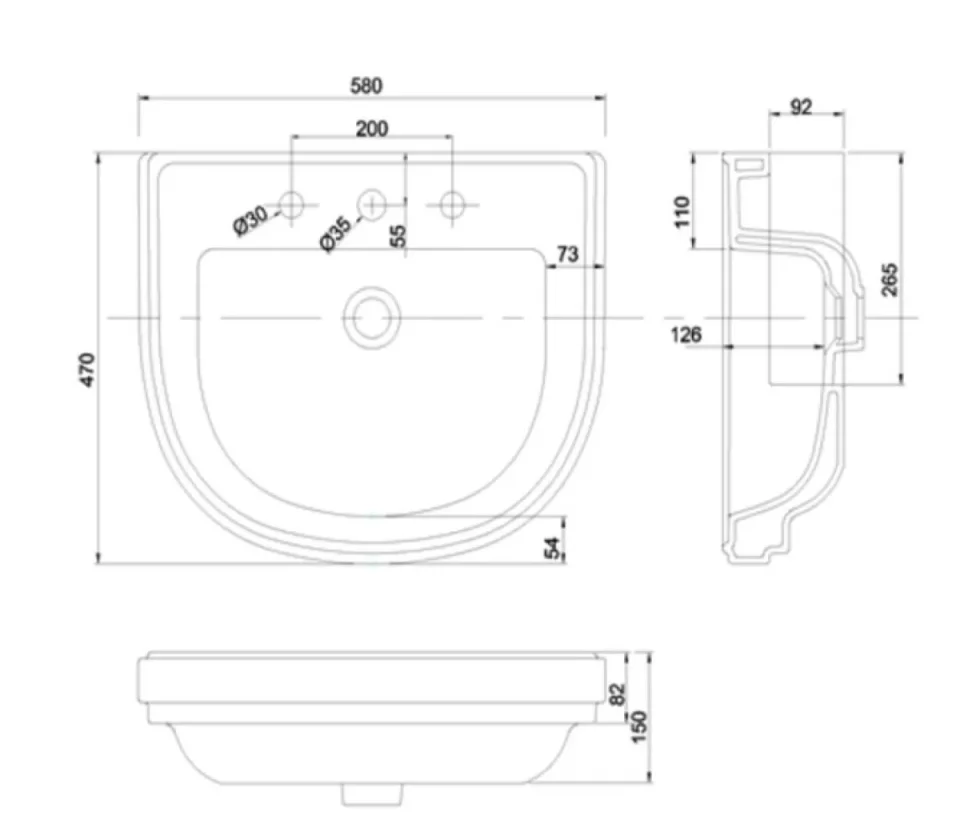 Burlington Riviera 58cm Semi Inset Basin 3th White - Image 2