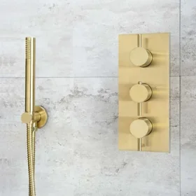 Just Taps Vos Round Water Outlet With Holder Metal Hose And Slim Hand Shower Brushed Brass