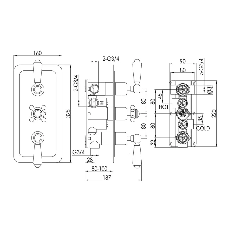 Just Taps Grosvenor Lever Thermostatic 3 Outlet Valve Horizontal Chrome detail view - Image 2