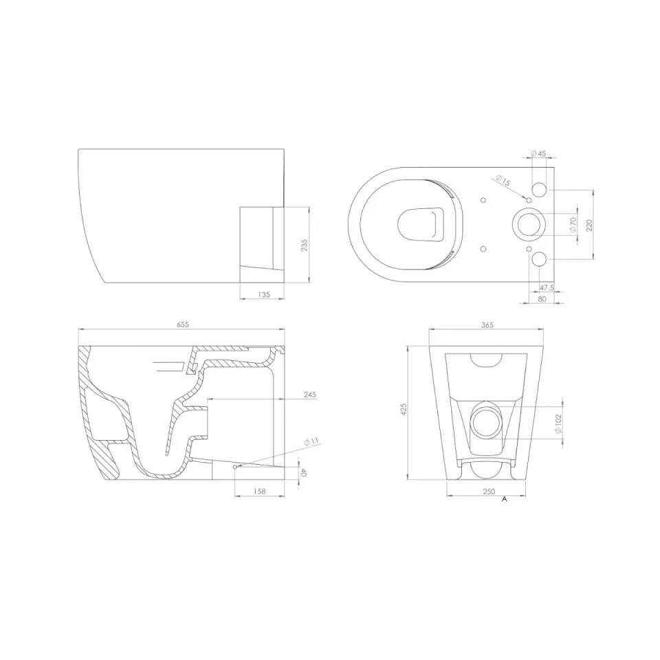 Saneux Uni Close Coupled Right Hand Soil Exit Wc Pan - Rimless detail view - Image 5