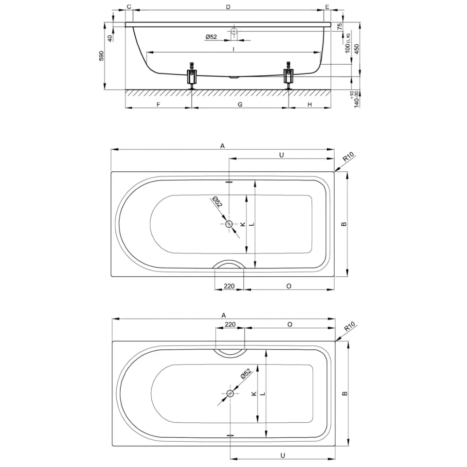 Bette Ocean Single Ended Bath Left Hand Overflow 1700 x 700mm White - Image 3