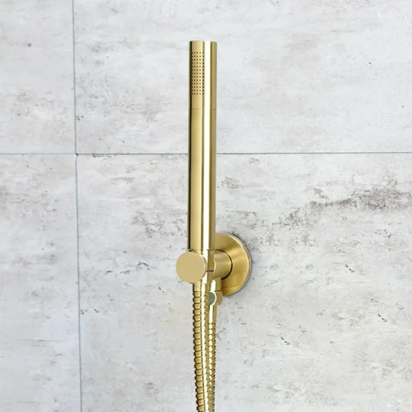 Just Taps Vos Round Water Outlet With Holder Metal Hose And Slim Hand Shower Brushed Brass