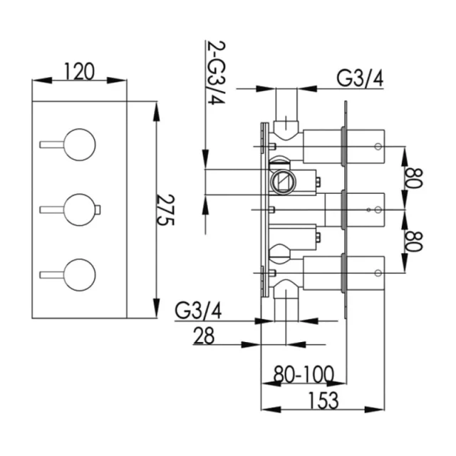 Just Taps Inox Thermostatic Concealed 2 Outlet Shower Valve Horizontal detail view - Image 4
