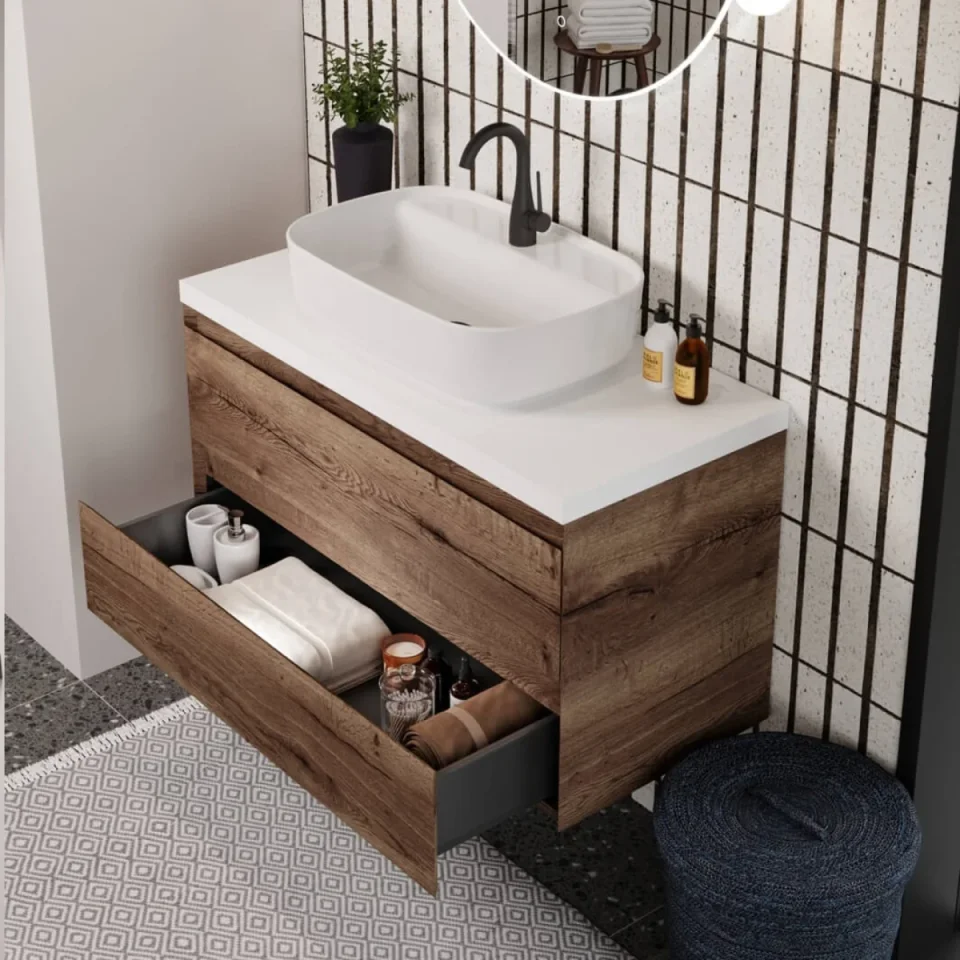 Saneux Uni 60cm 2 Drawer Wall Mounted Unit - English Oak - Image 3