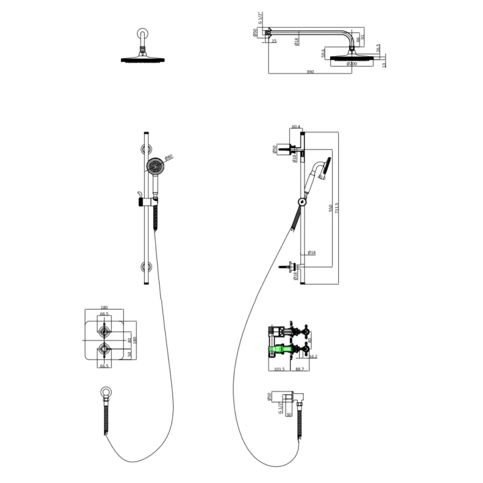 Burlington Guild Square Thermostatic Two Outlet Concealed Divertor Shower Valve Fixed Shower Arm & Head, Rail, Hose, Handset And Outlet Elbow Brushed Nickel - Image 2