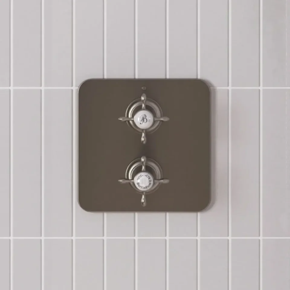 Burlington Guild Square Thermostatic Two Outlet Concealed Divertor Shower Valve Fixed Shower Arm & Head, Rail, Hose, Handset And Outlet Elbow Brushed Nickel - Image 4