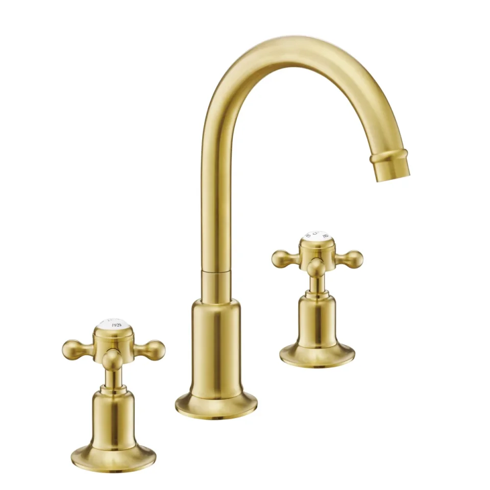 Just Taps Grosvenor 3 Hole Deck Mounted Basin Brushed Brass with pop up waste product image - Image 1
