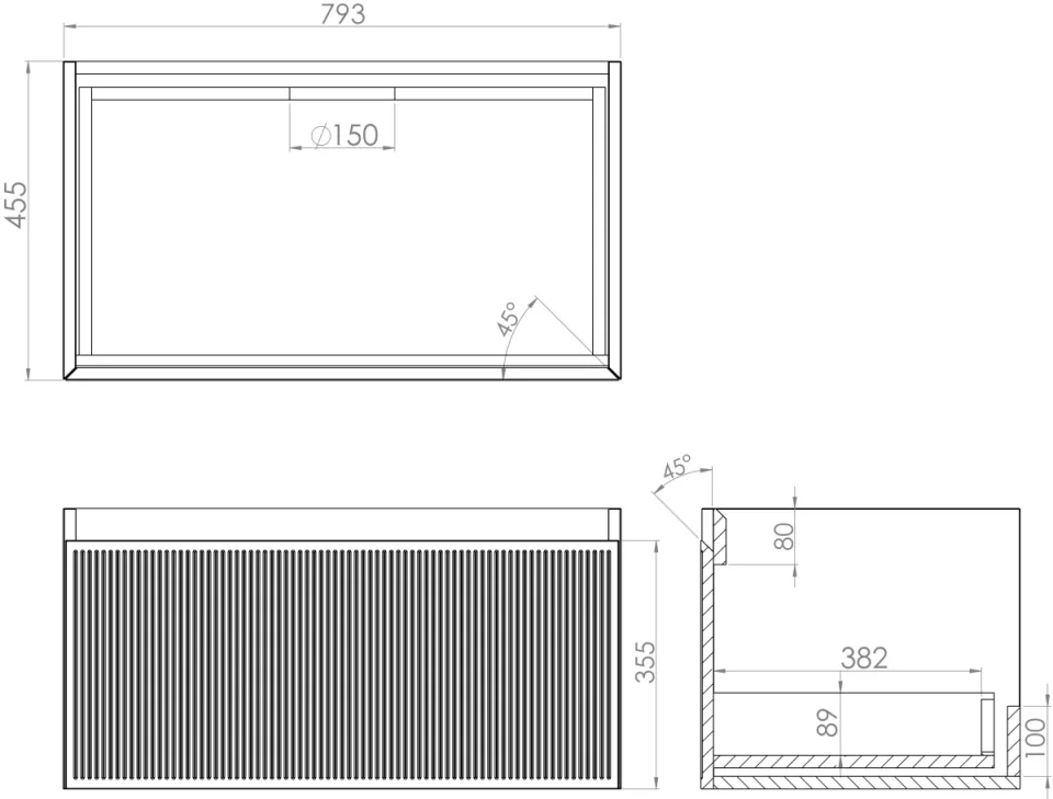 Saneux Monument 80cm 1 Drawer Wall Mounted Unit - Matte White technical drawing - Image 2