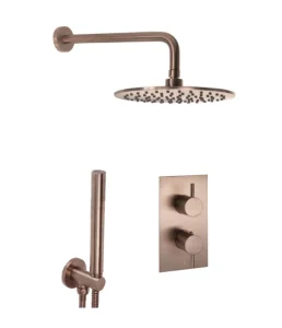 Just Taps Vos 2 Outlet Shower Valve, Arm 400mm, Overhead Shower 200mm, Round Water Outlet - Brushed Bronze