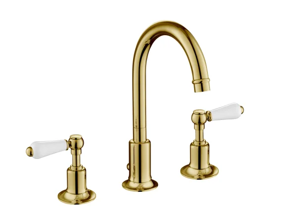 Just Taps Grosvenor Lever 3 Hole Deck Mounted Basin Mixer Swivel Spout Light Gold